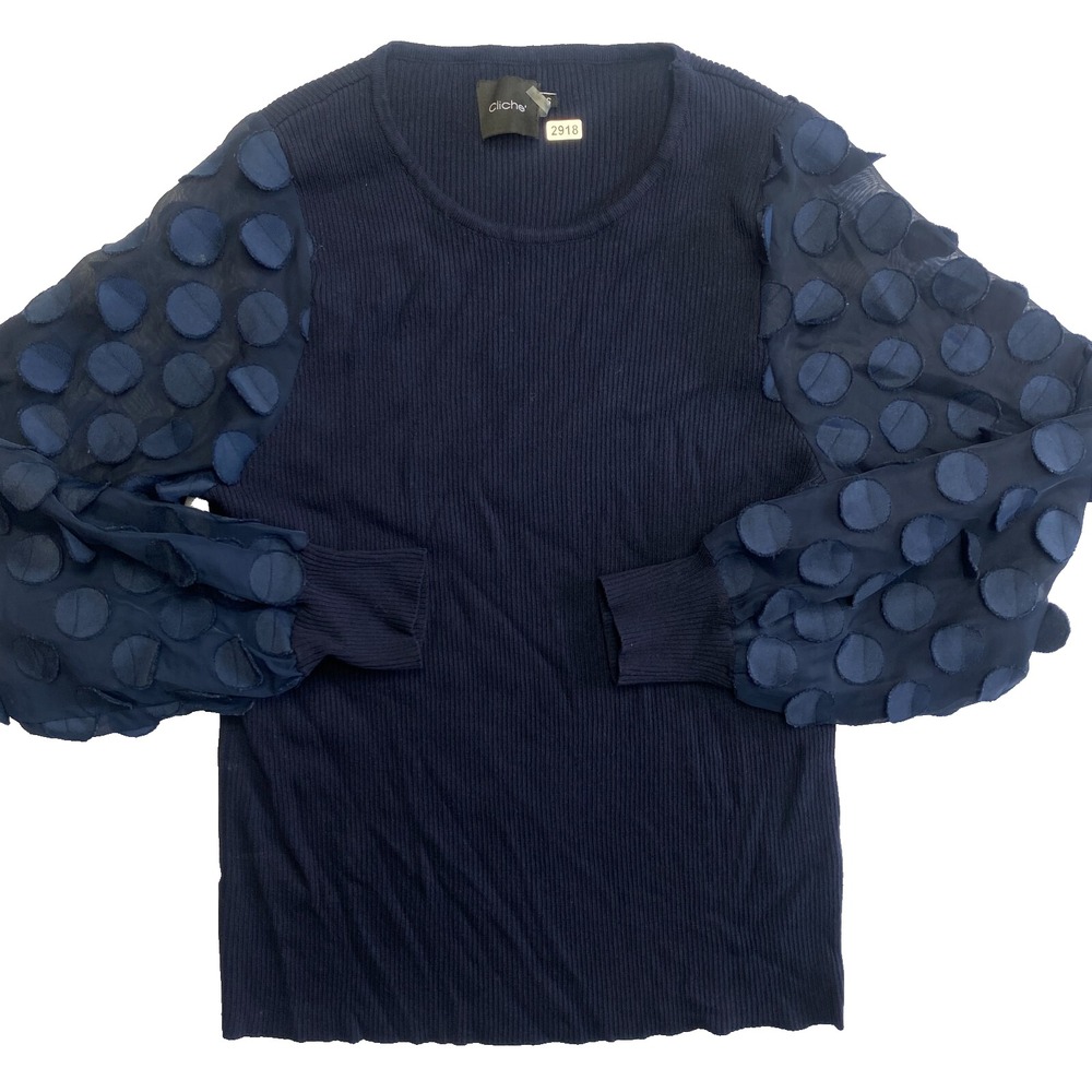Cliche Blouse Womens S Navy Long Sleeve Ribbed See Through Polka Dots Top